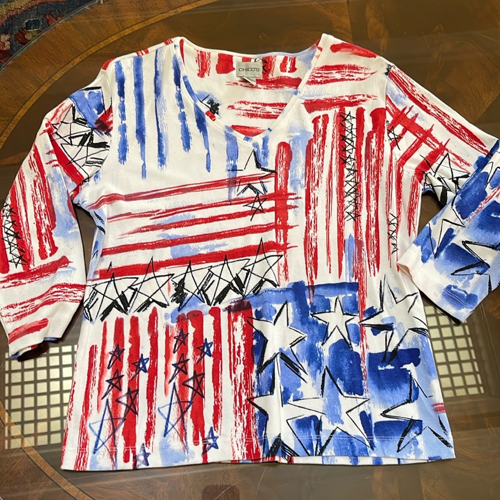 Chicos patriotic star print 3/4 sleeve Tshirt size M/chicos 2